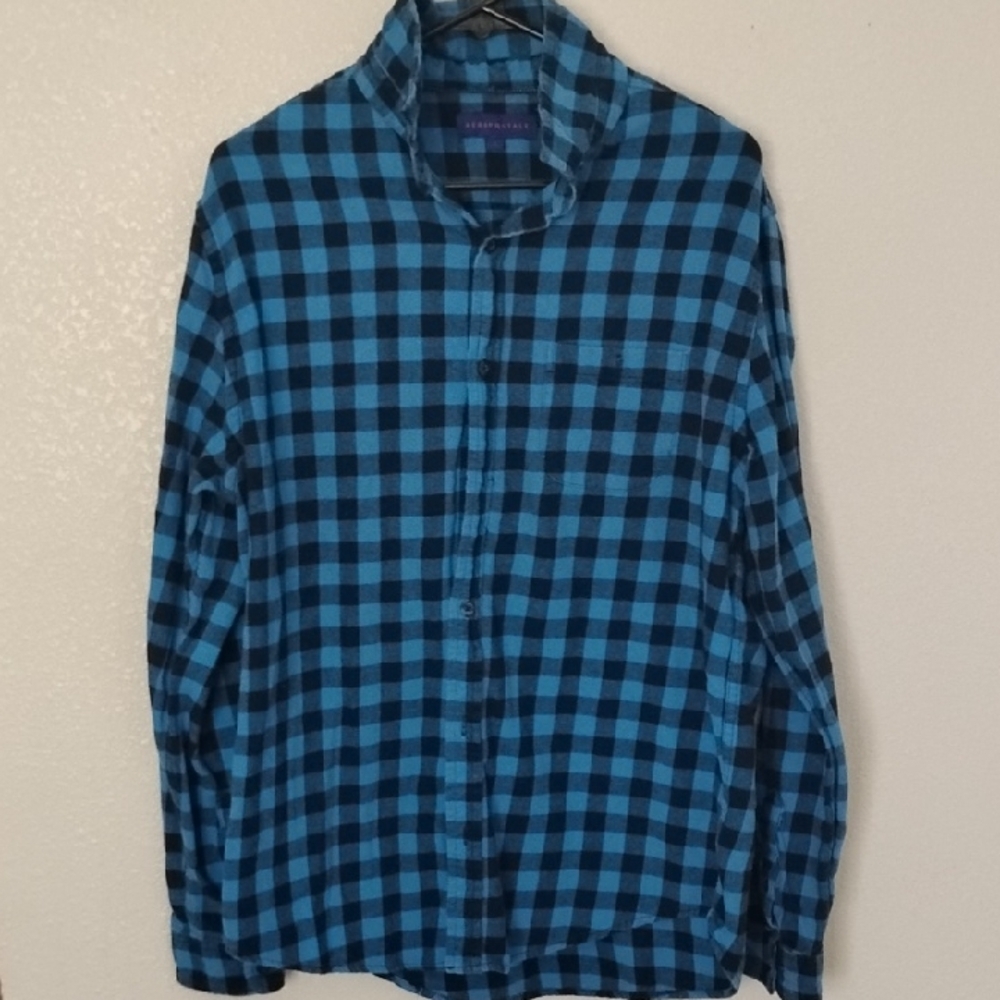 Aeropostale Blue and Black Plaid Button Down Shirt